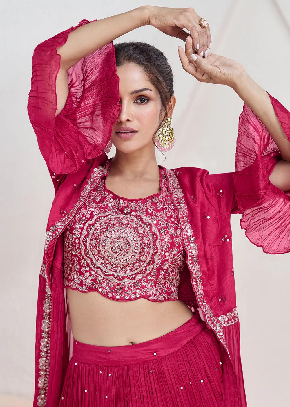 Real Georgette Pink Embroidered Indo Western Lehenga Suit - Image 4