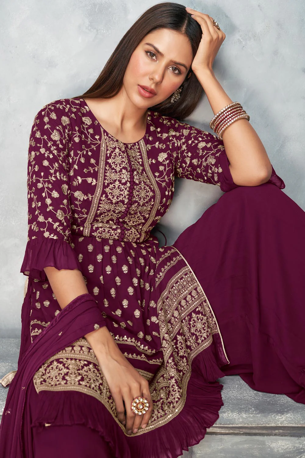 Real Georgette Plum Purple Peplum Sharara Suit - Image 2