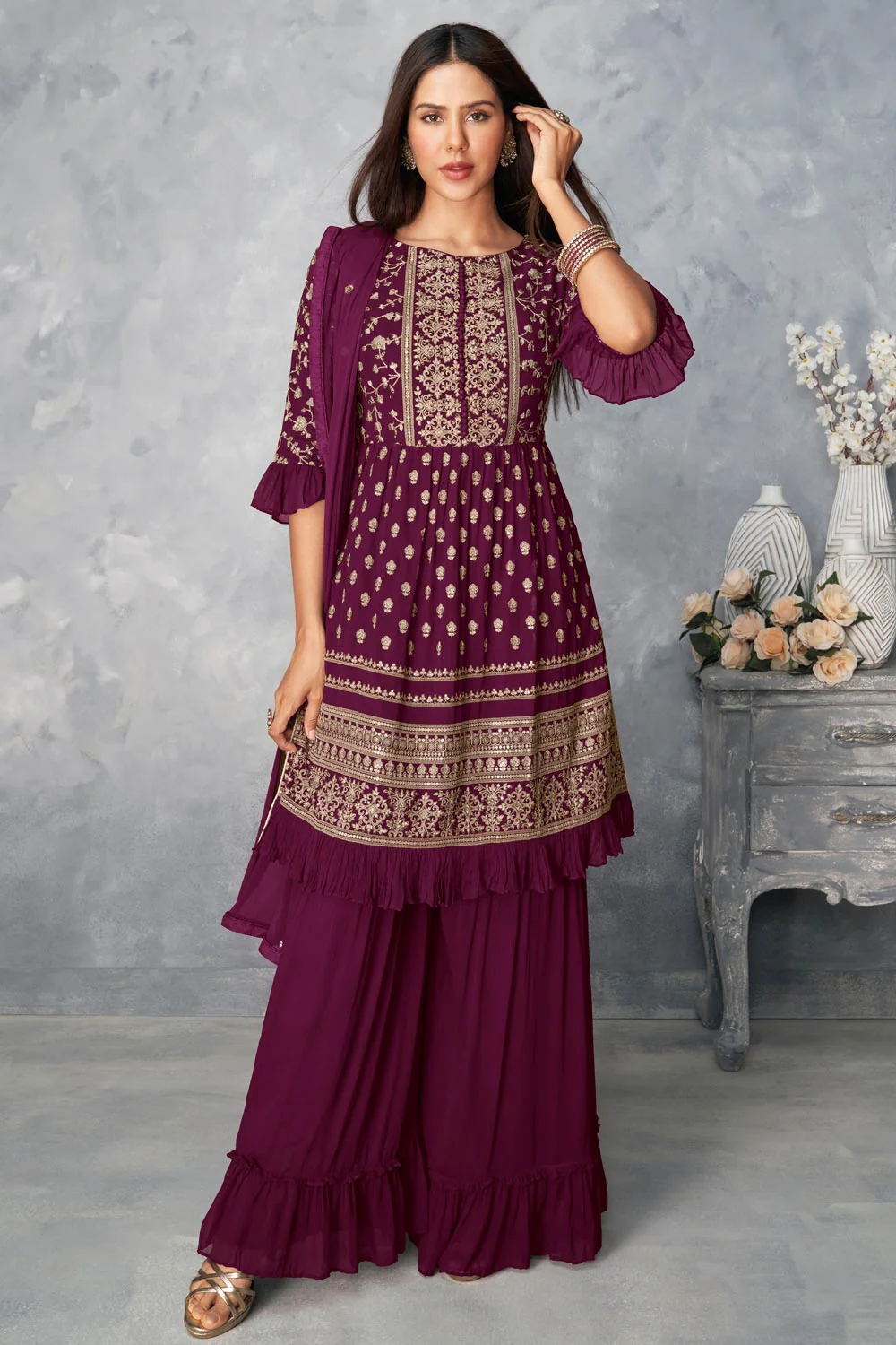 Real Georgette Plum Purple Peplum Sharara Suit - Image 3