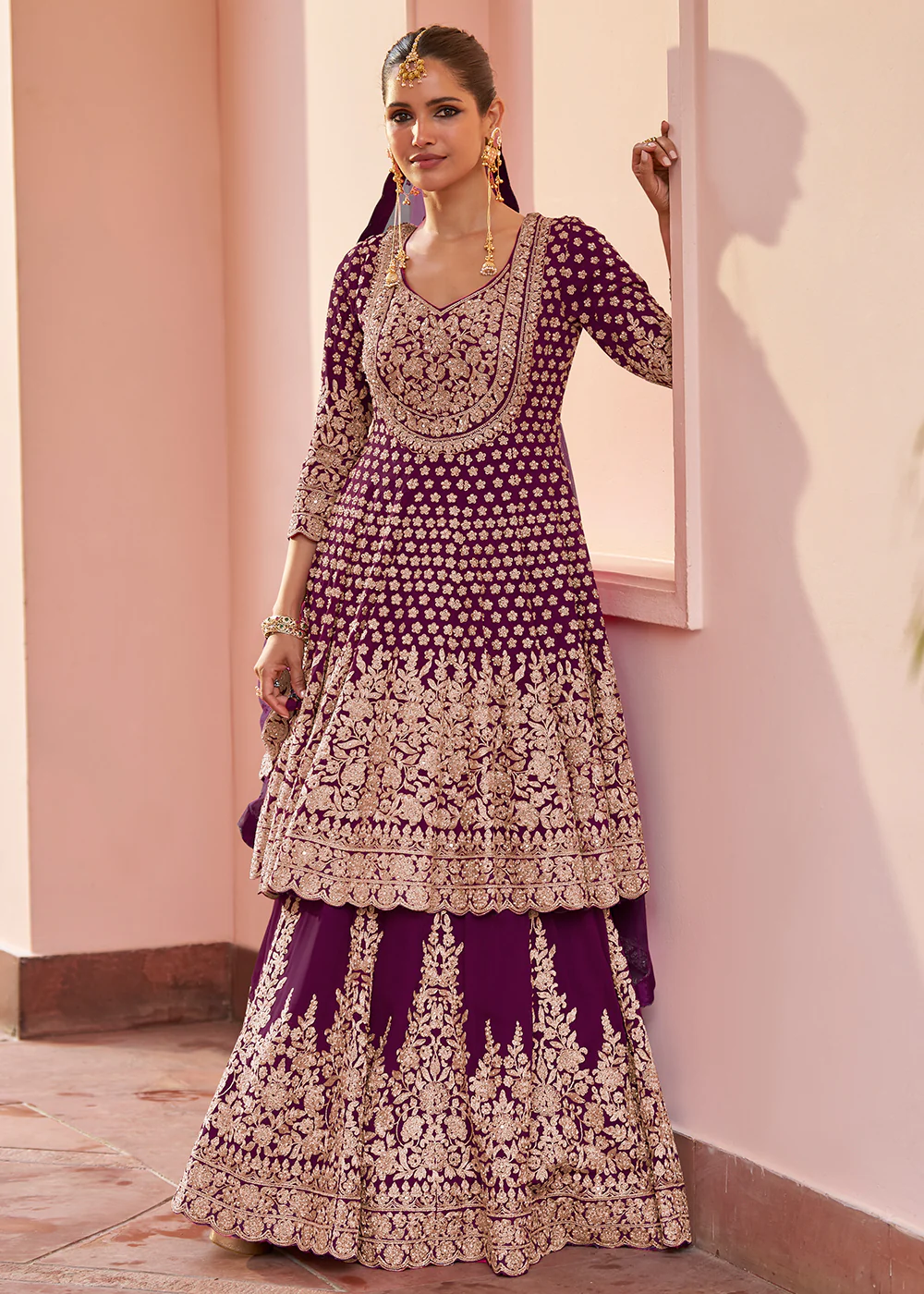 Real Georgette Plum Wine Wedding Festive Lehenga Suit