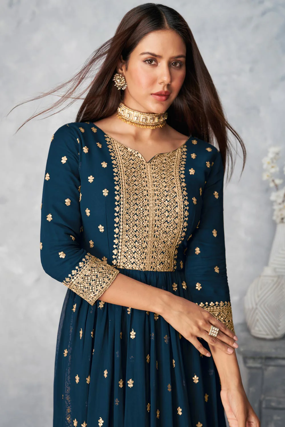 Real Georgette Prussian Blue Peplum Sharara Suit - Image 2