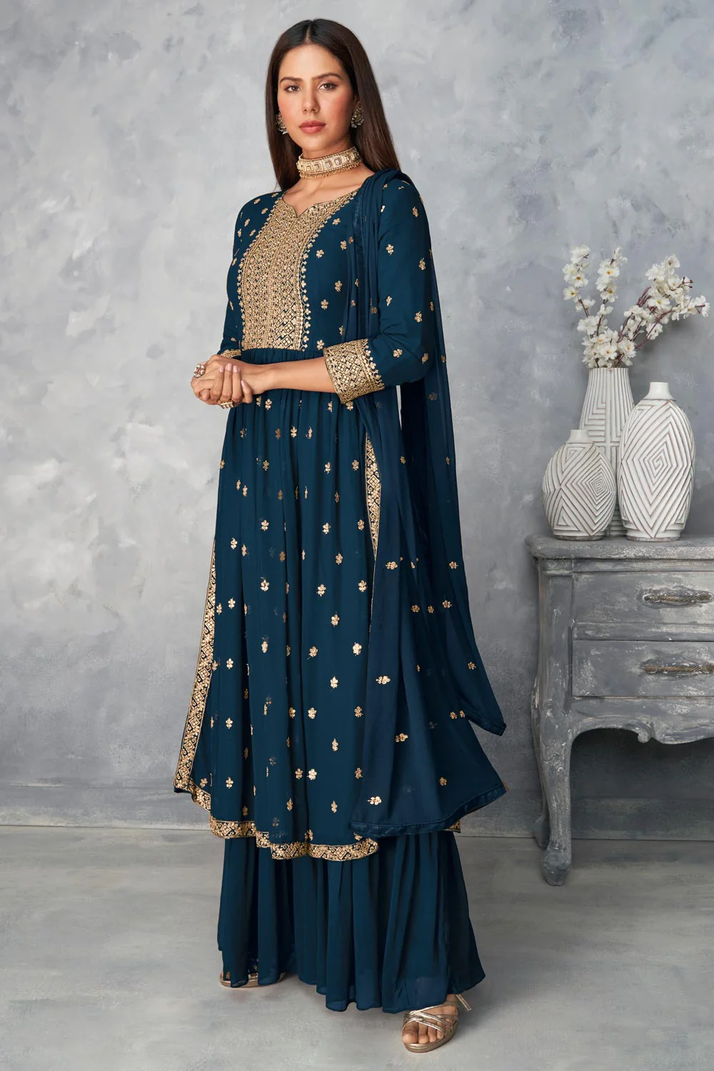 Real Georgette Prussian Blue Peplum Sharara Suit - Image 4