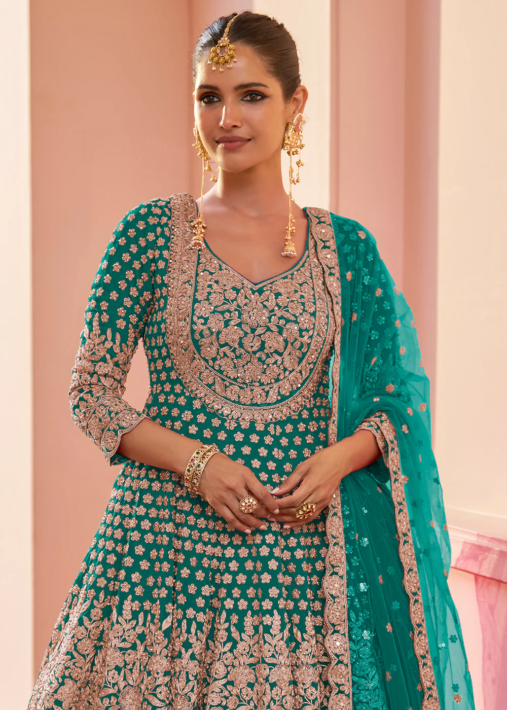 Real Georgette Sea Green Wedding Festive Lehenga Suit - Image 2