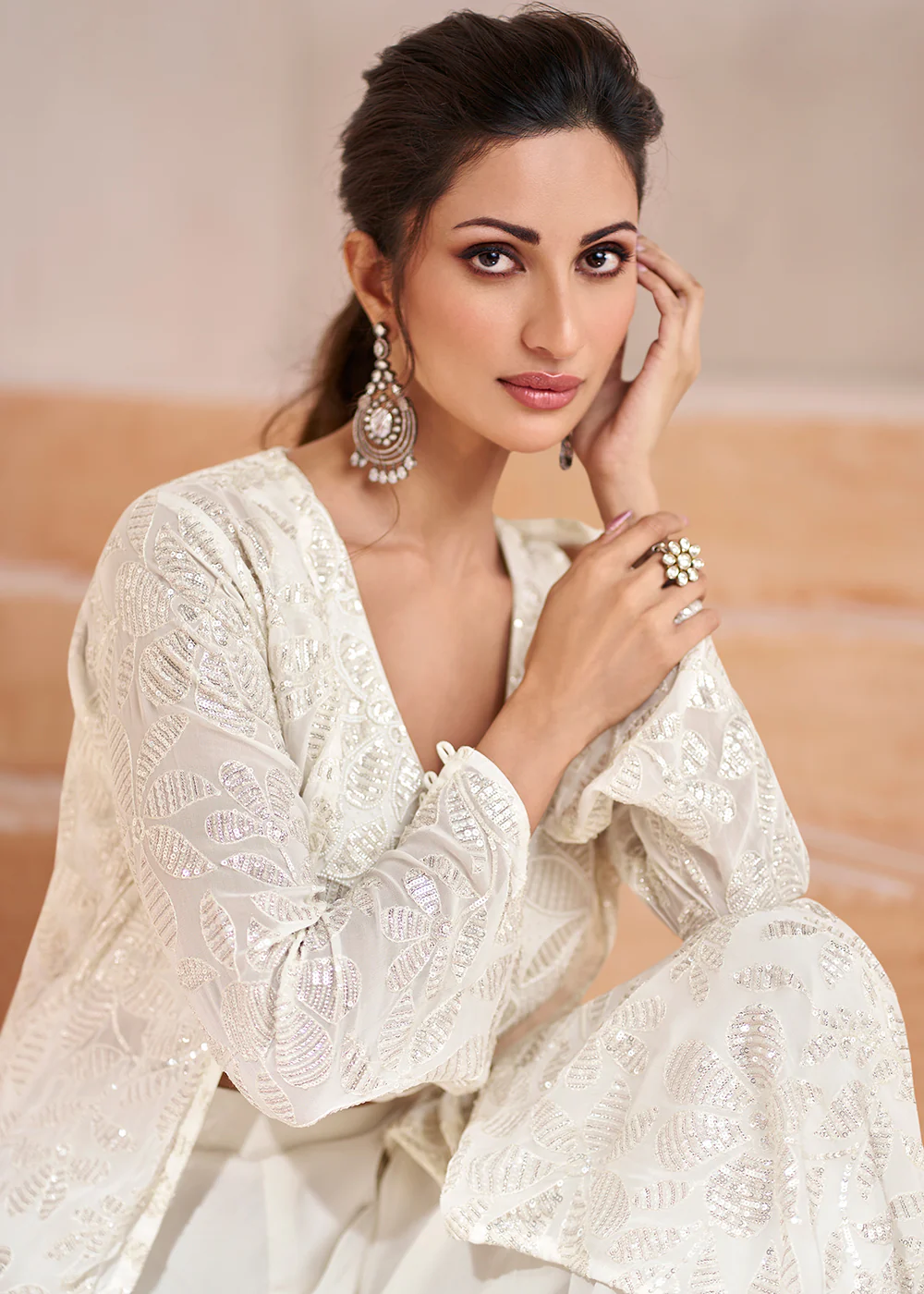 Real Georgette White Indo Western Palazzo Suit - Image 2