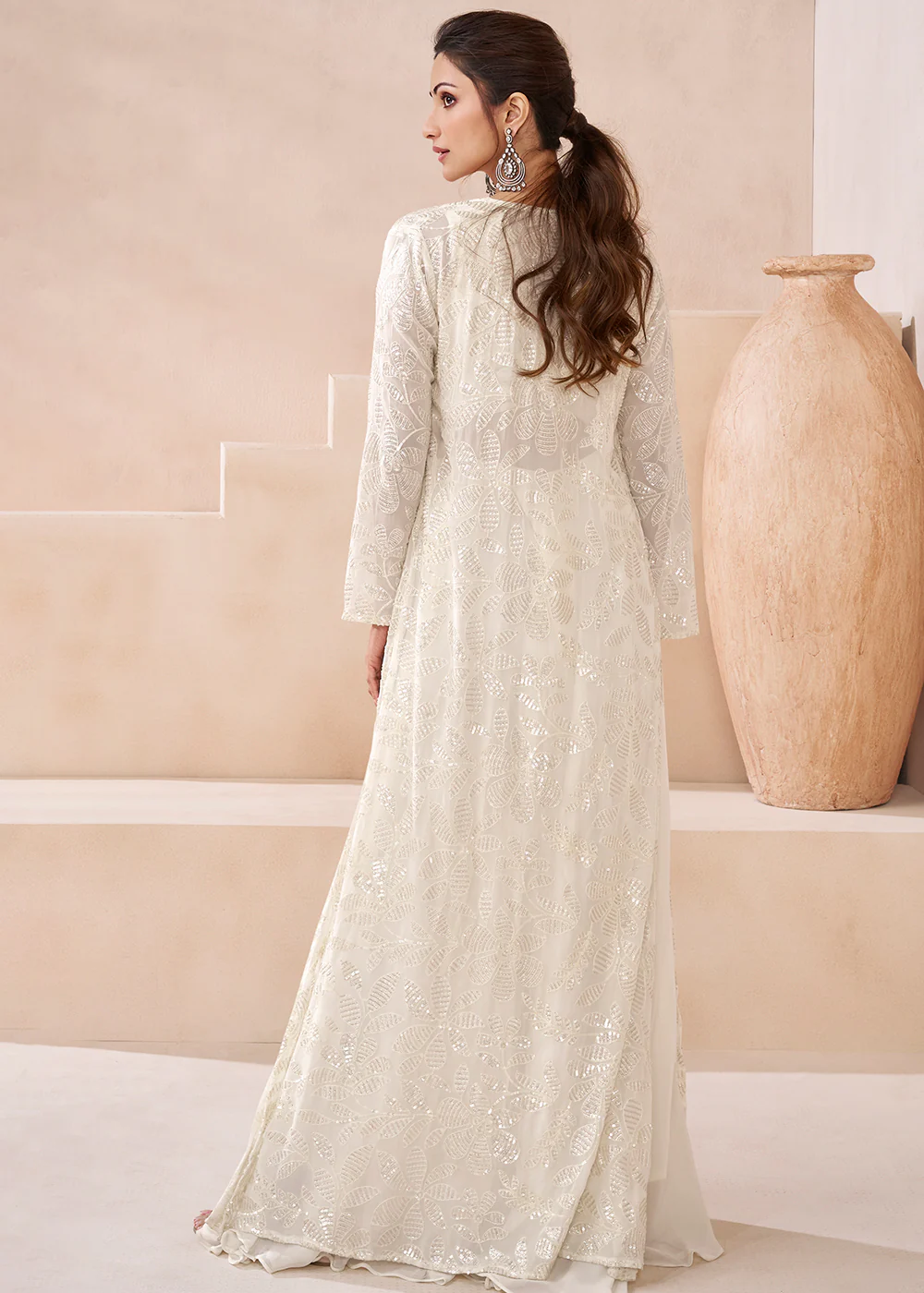Real Georgette White Indo Western Palazzo Suit - Image 3