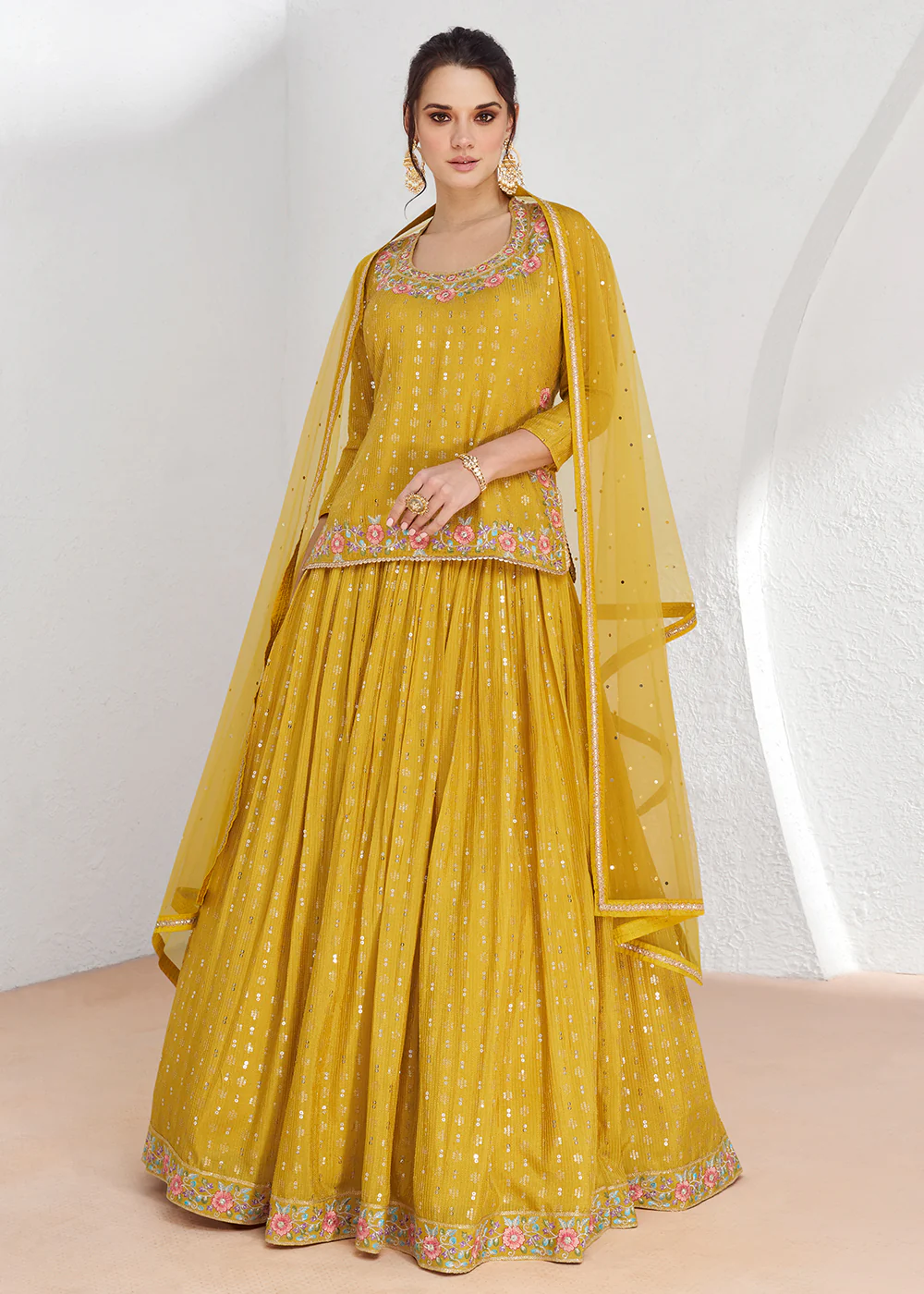 Real Georgette Yellow Embroidered Kurti Style Lehenga Suit