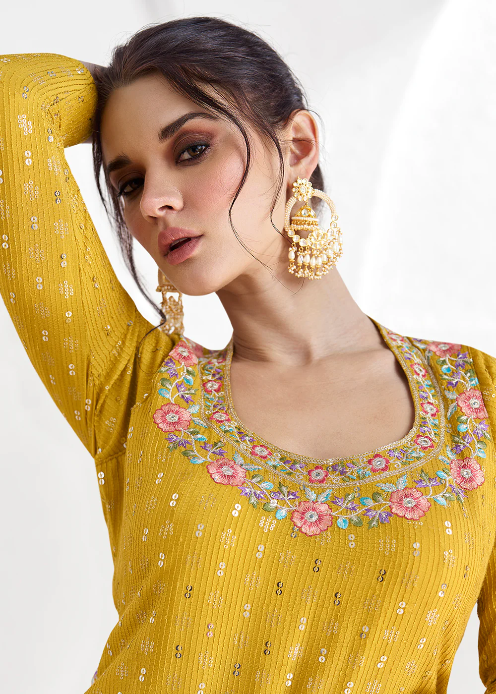 Real Georgette Yellow Embroidered Kurti Style Lehenga Suit - Image 2