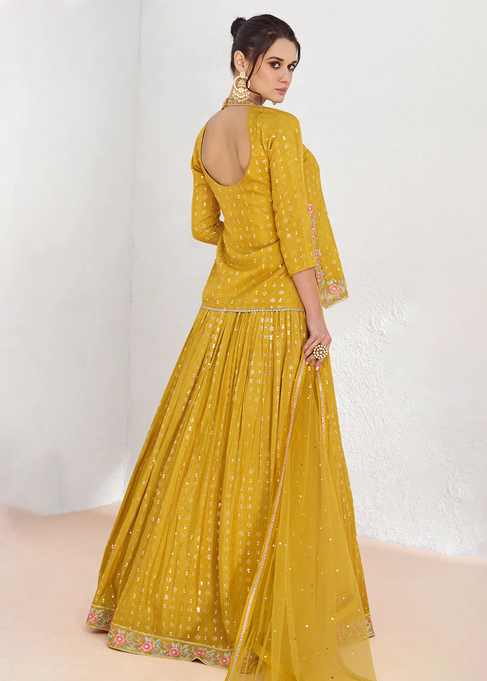 Real Georgette Yellow Embroidered Kurti Style Lehenga Suit - Image 3