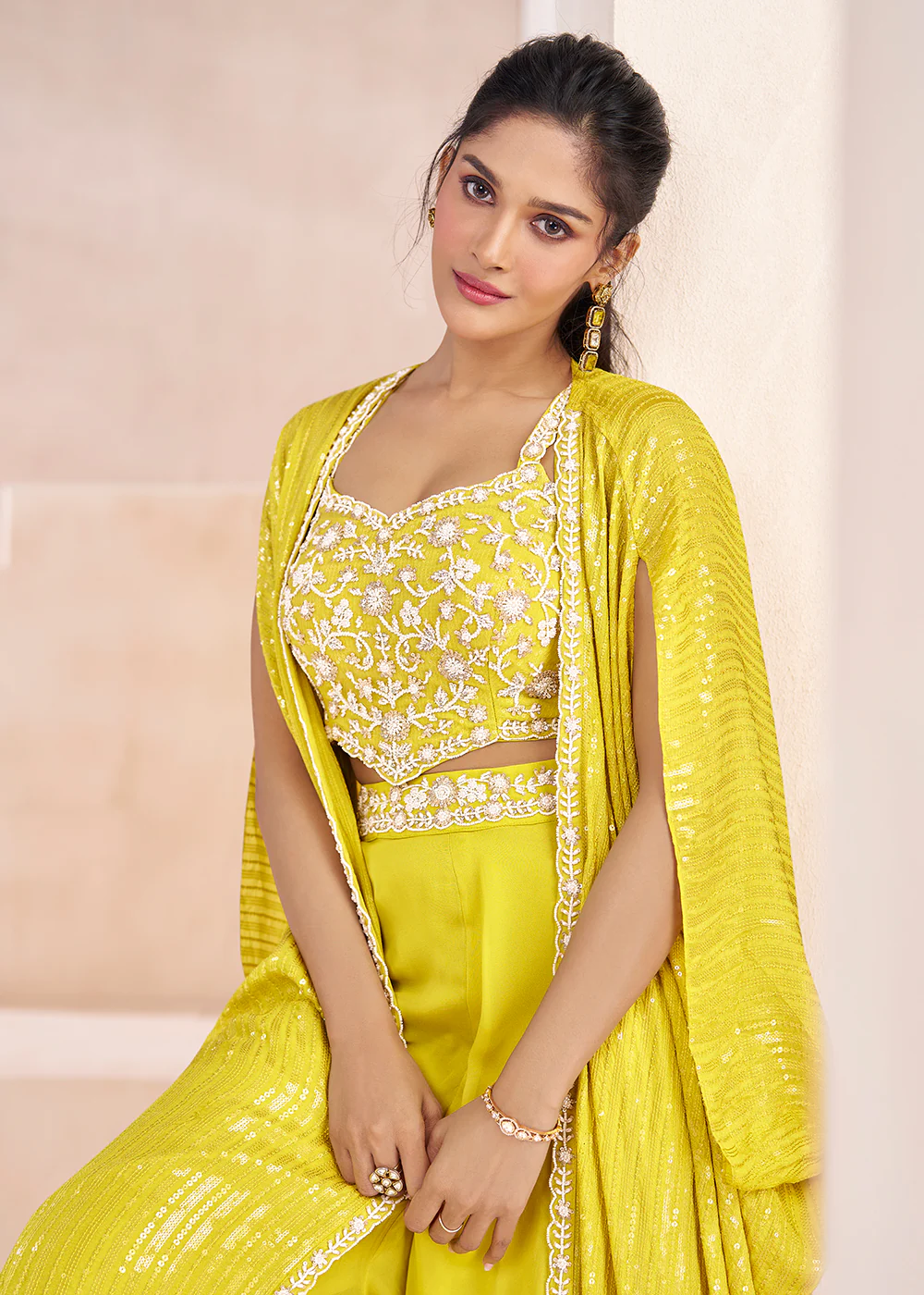 Real Georgette Yellow Indo Western Palazzo Suit - Image 2