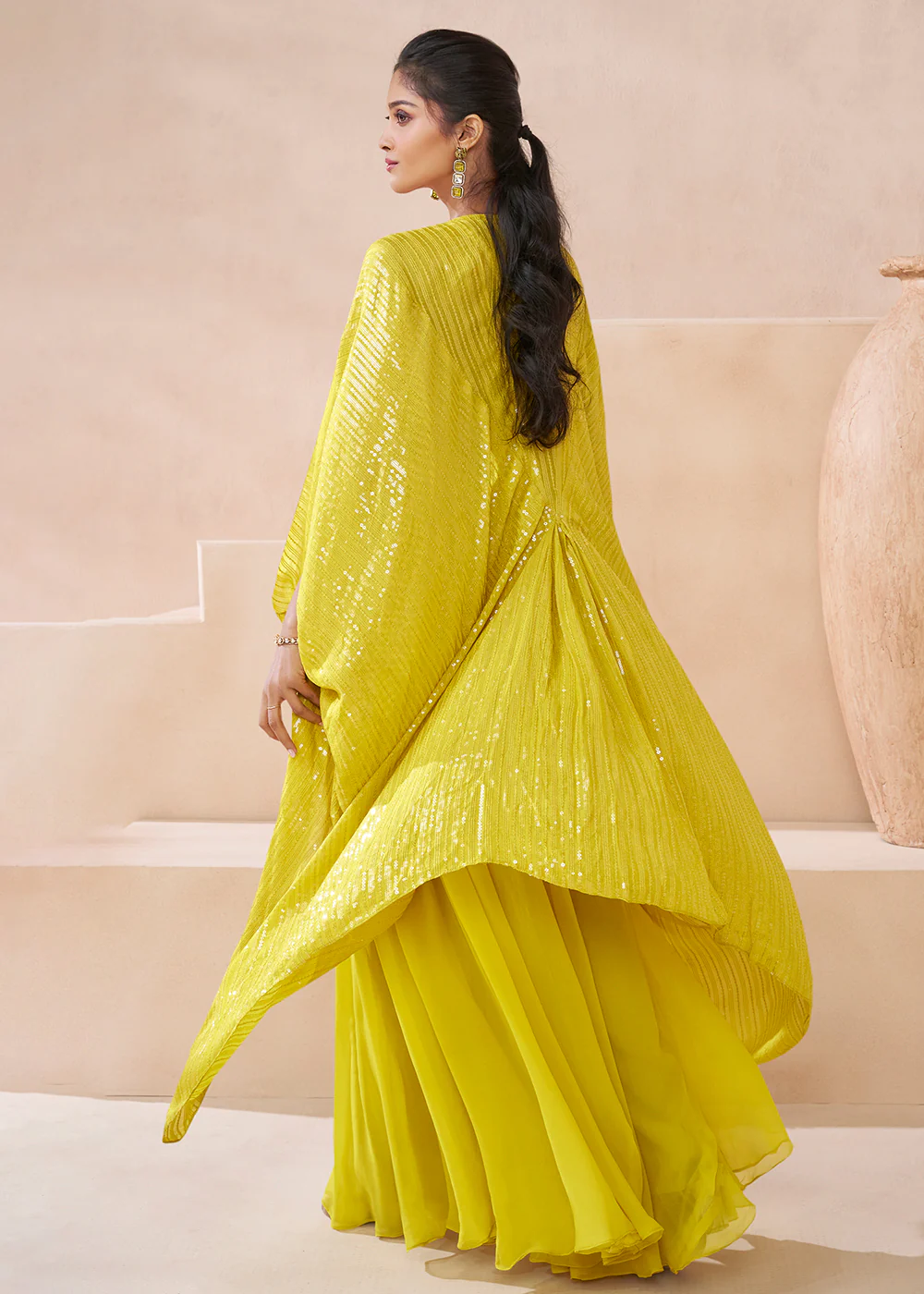 Real Georgette Yellow Indo Western Palazzo Suit - Image 3
