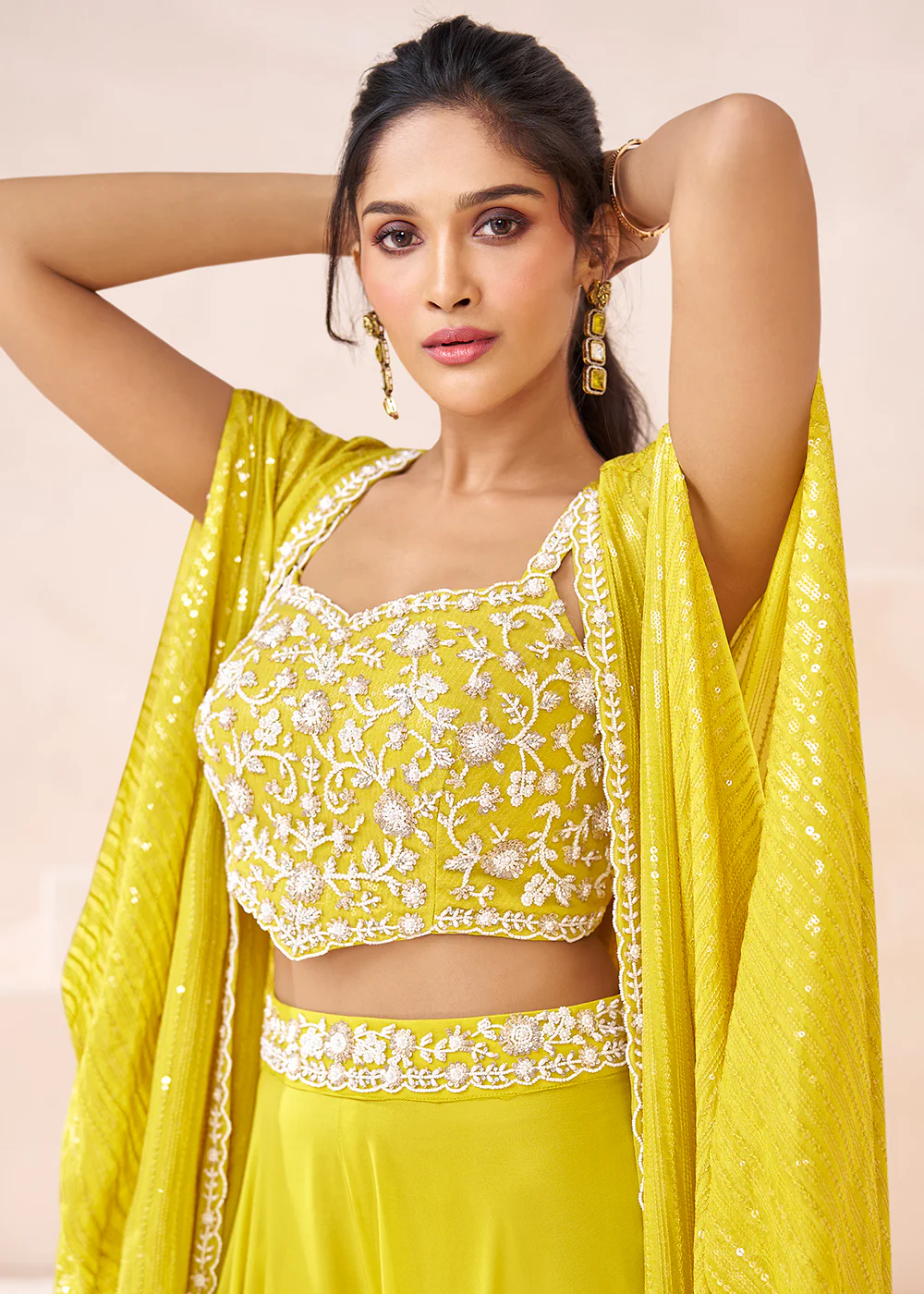 Real Georgette Yellow Indo Western Palazzo Suit - Image 4