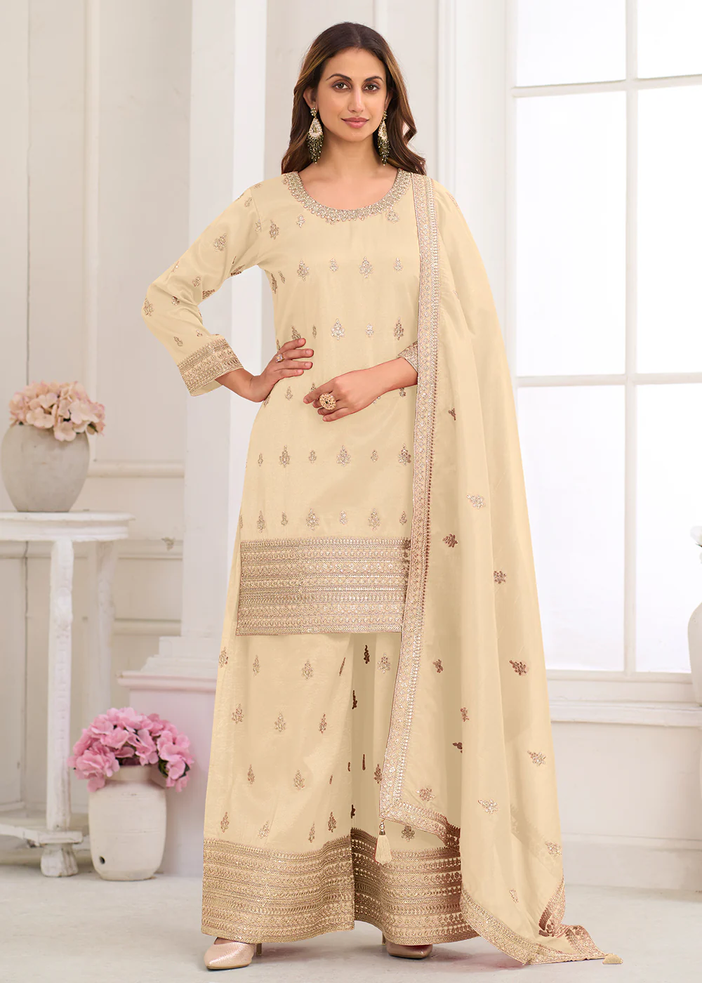 Real Shimmer Silk Cream Embroidered Palazzo Style Dress