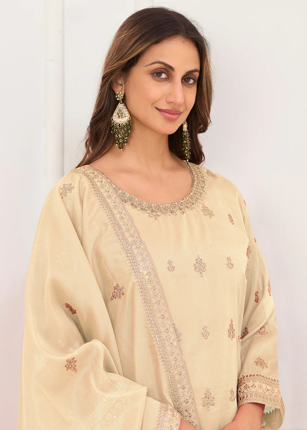 Real Shimmer Silk Cream Embroidered Palazzo Style Dress - Image 2