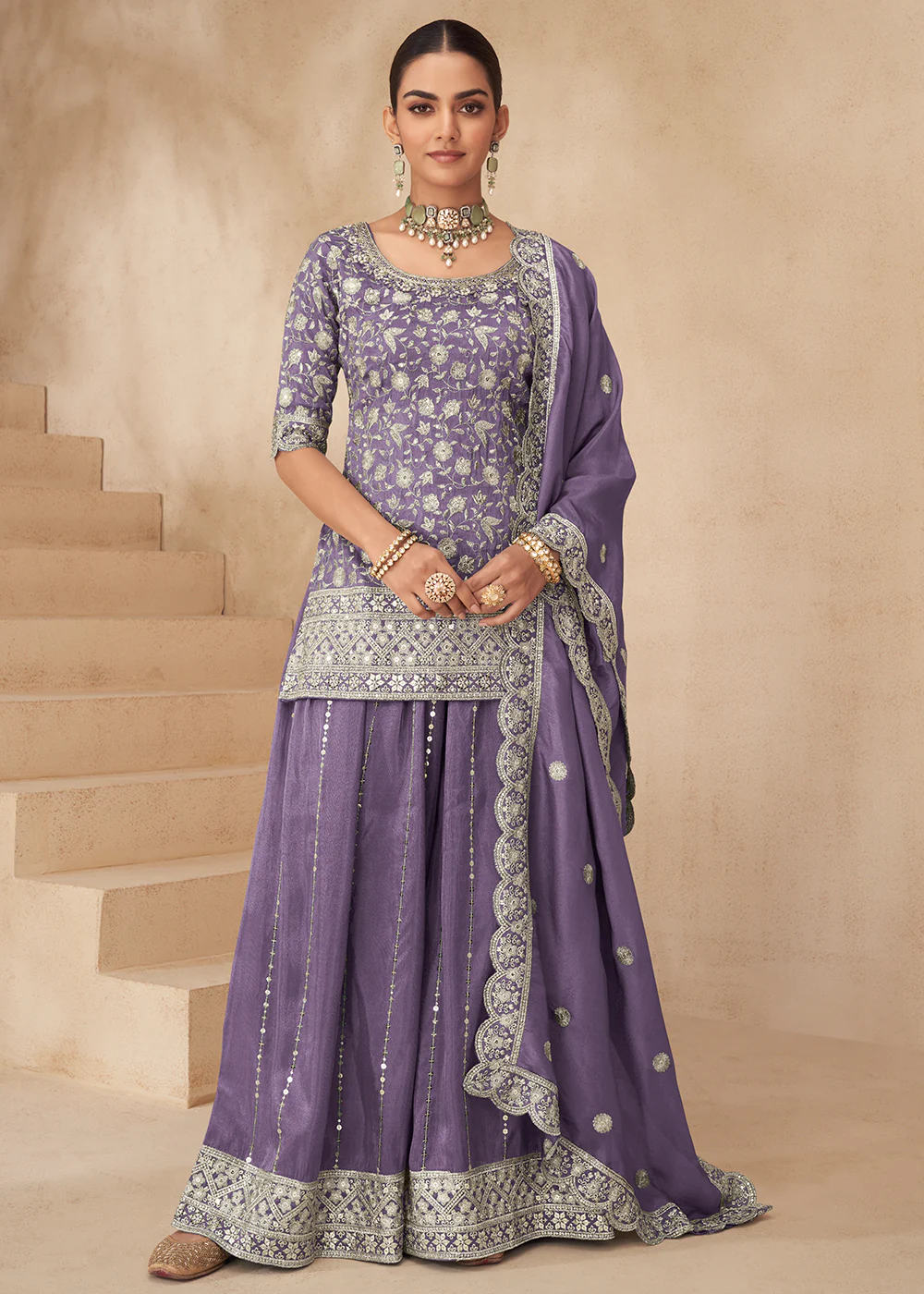 Real Shimmer Silk Lilac Palazzo Style Suit