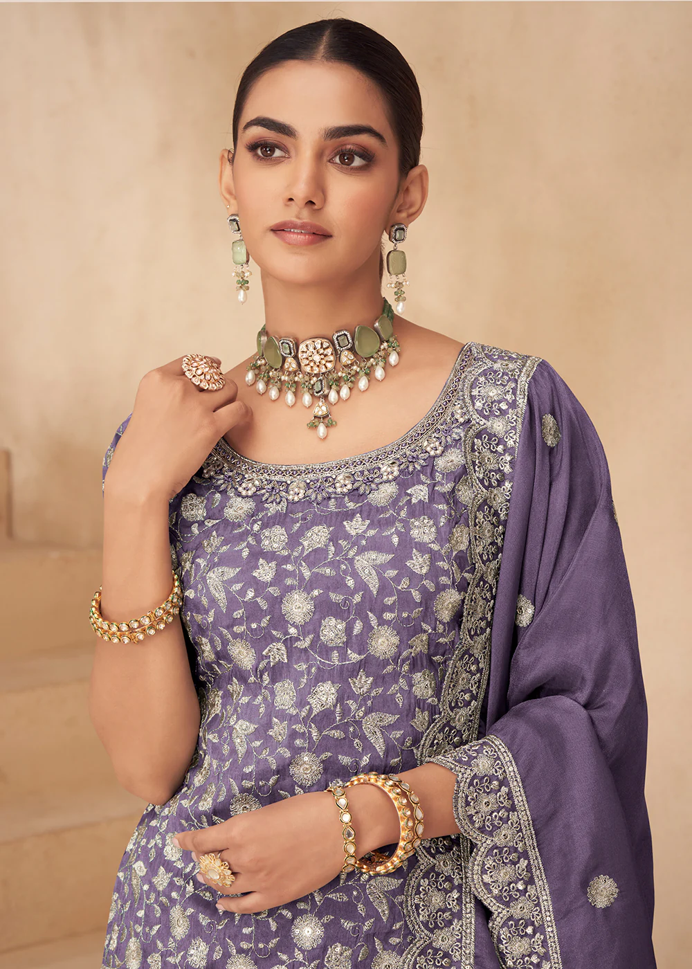 Real Shimmer Silk Lilac Palazzo Style Suit - Image 2