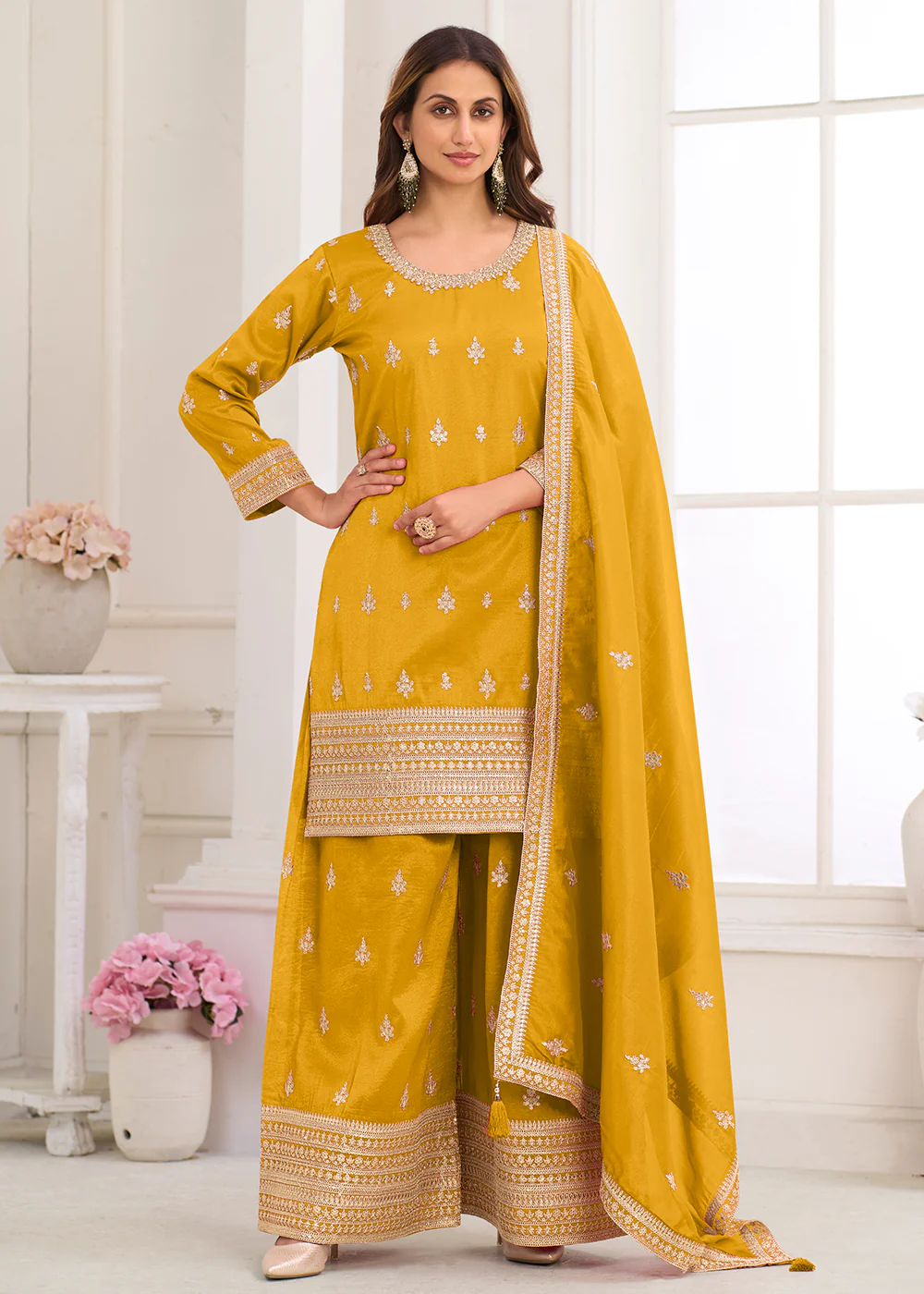 Real Shimmer Silk Mustard Embroidered Palazzo Style Dress