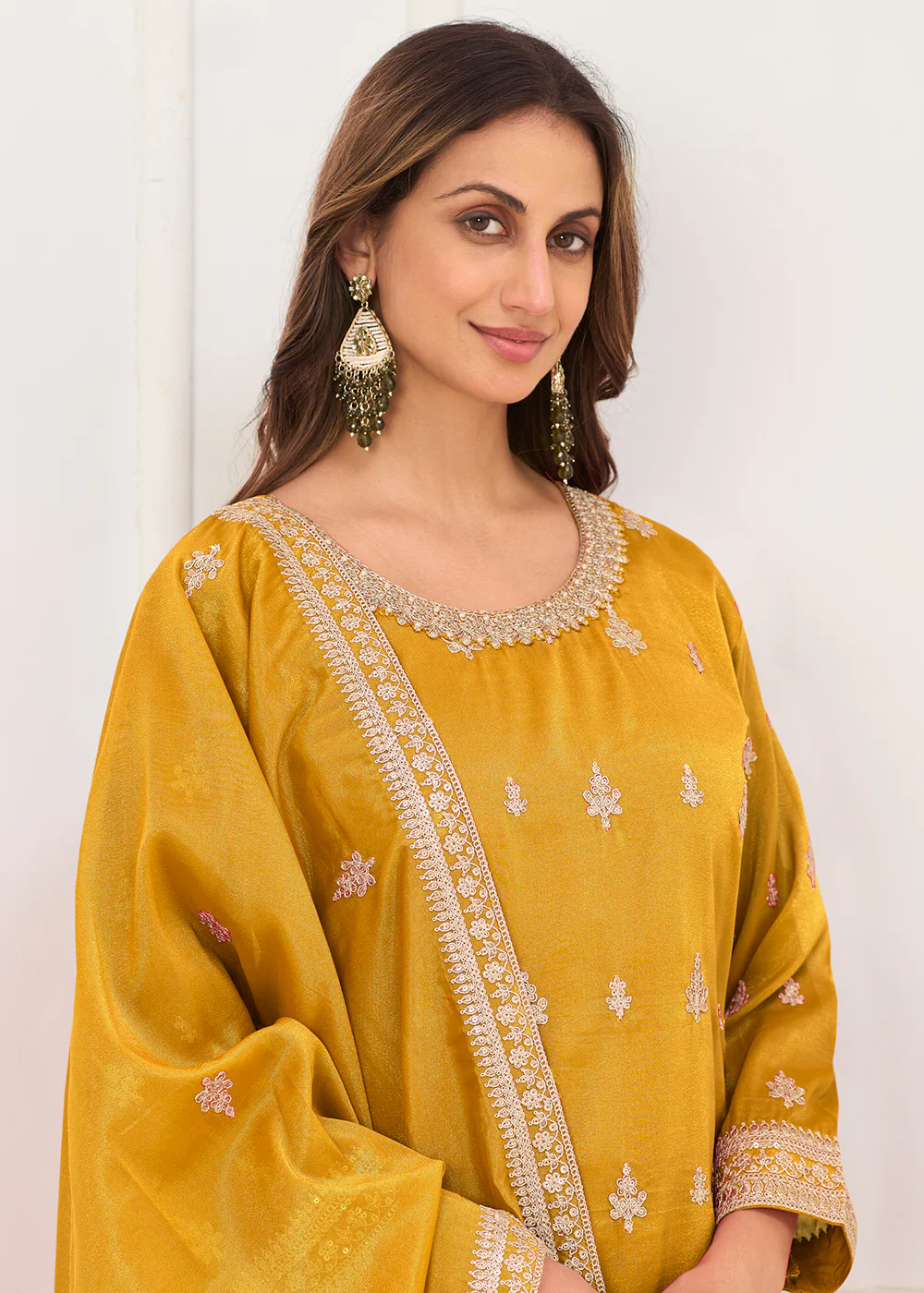 Real Shimmer Silk Mustard Embroidered Palazzo Style Dress - Image 2
