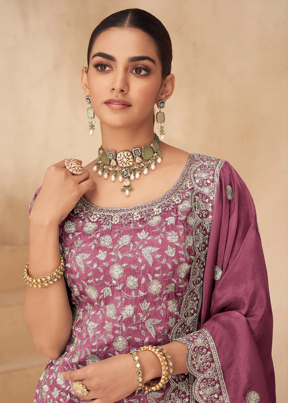 Real Shimmer Silk Onion Pink Palazzo Style Suit - Image 2