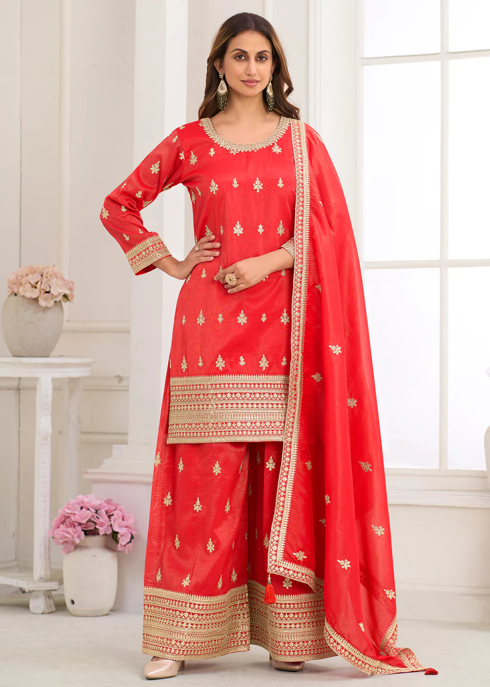 Real Shimmer Silk Red Embroidered Palazzo Style Dress