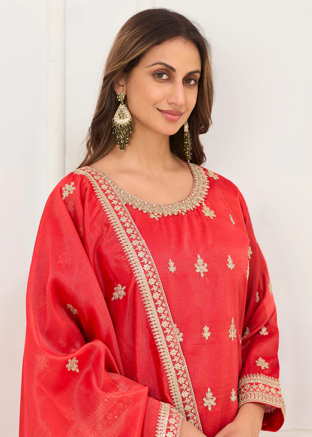 Real Shimmer Silk Red Embroidered Palazzo Style Dress - Image 2