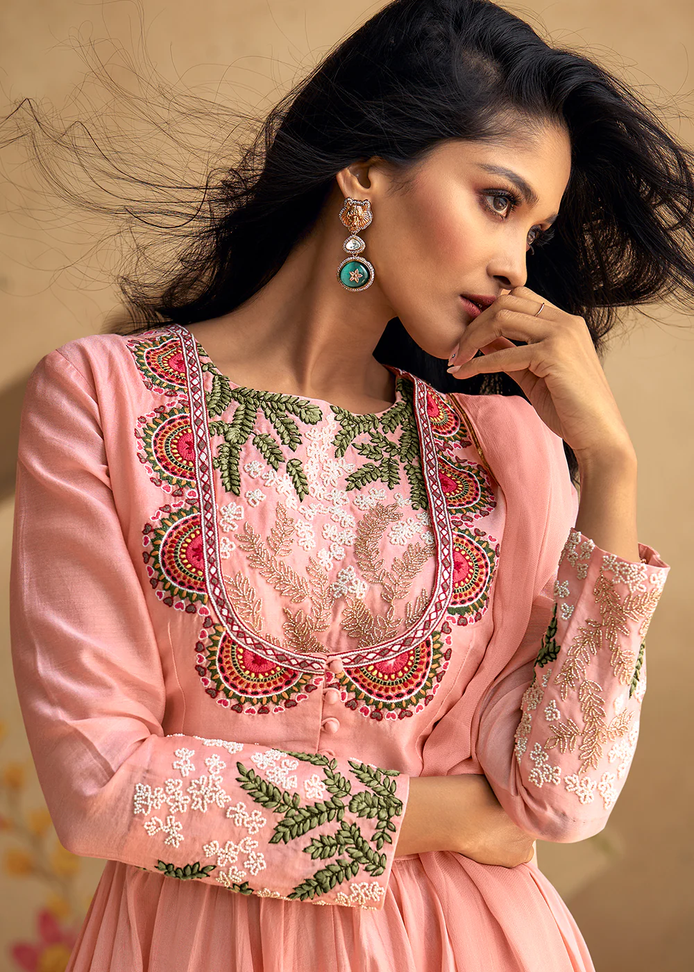 Real Silk Light Pink Anarkali Style Pant Salwar Suit - Image 2