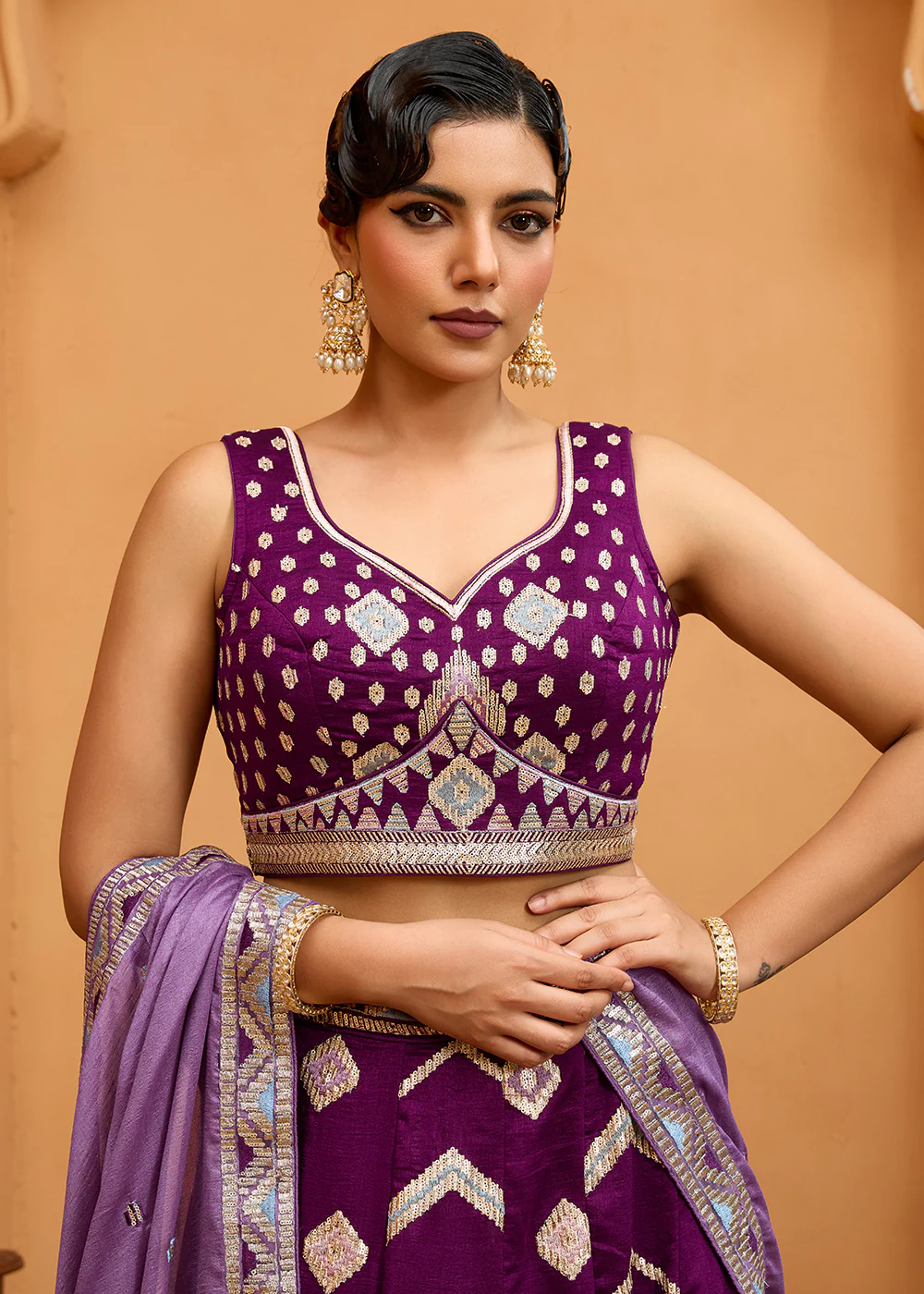 Reception Style Burgundy Embroidered Lehenga Choli - Image 2
