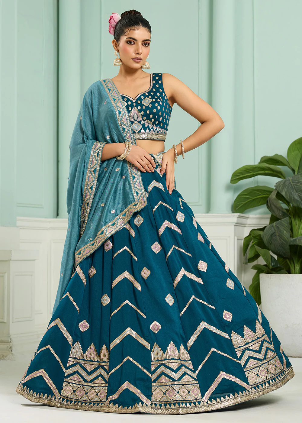 Reception Style Teal Blue Embroidered Lehenga Choli