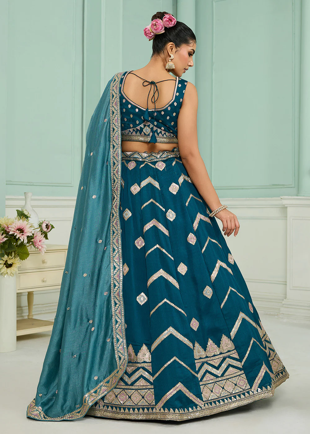 Reception Style Teal Blue Embroidered Lehenga Choli - Image 3