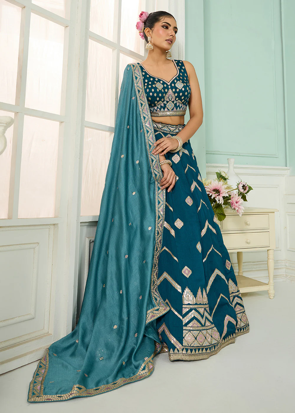 Reception Style Teal Blue Embroidered Lehenga Choli - Image 4