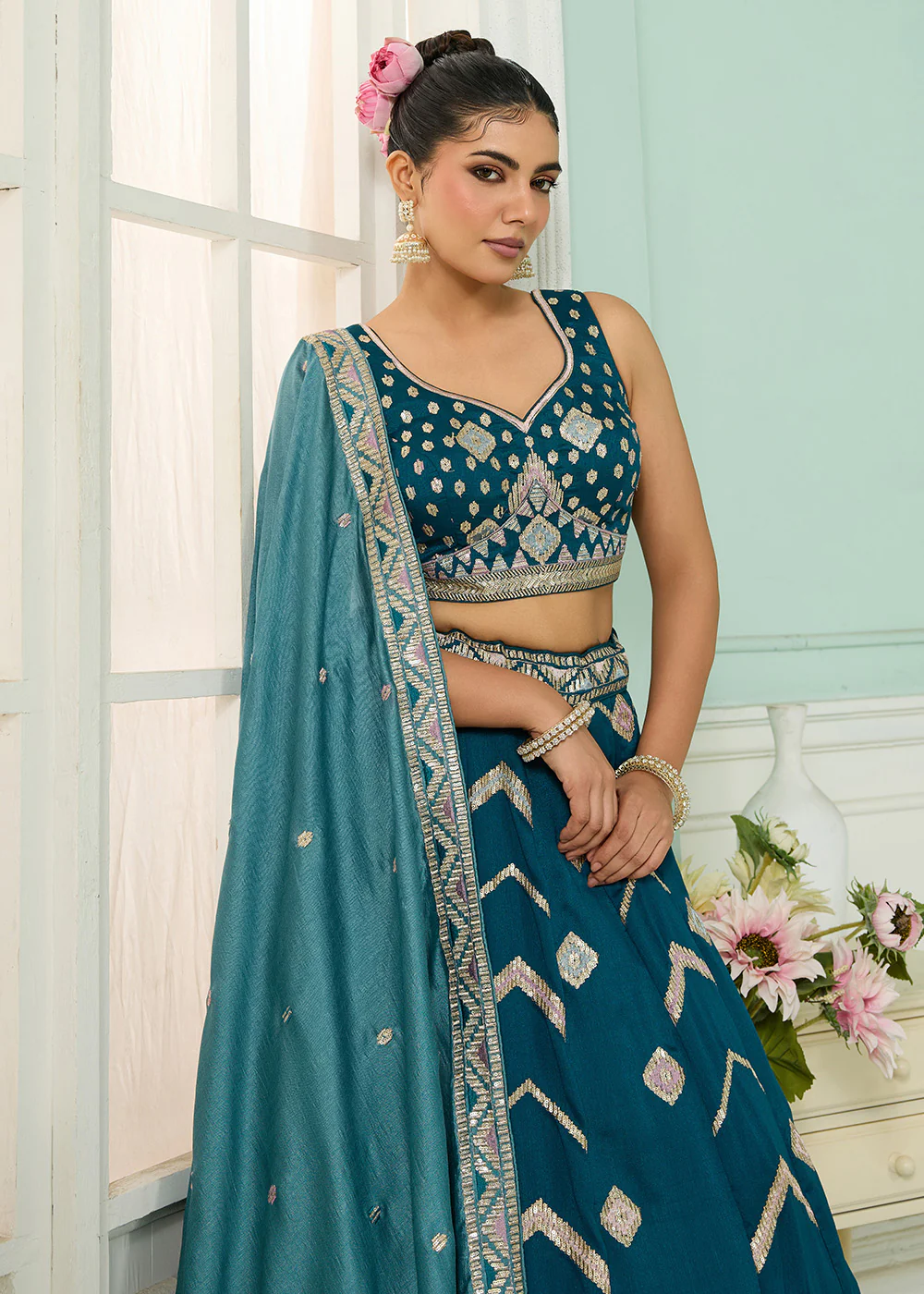 Reception Style Teal Blue Embroidered Lehenga Choli - Image 5