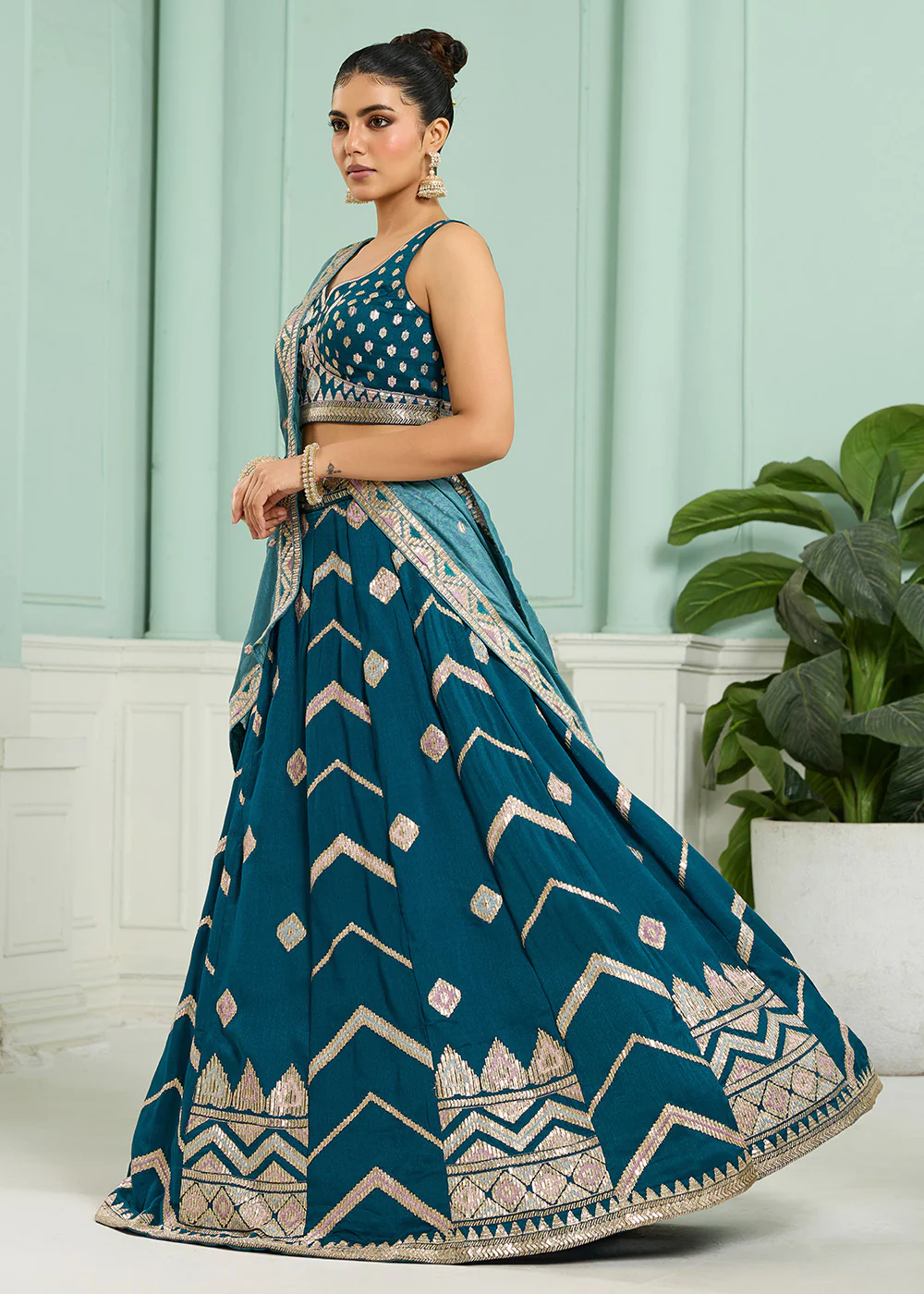 Reception Style Teal Blue Embroidered Lehenga Choli - Image 6