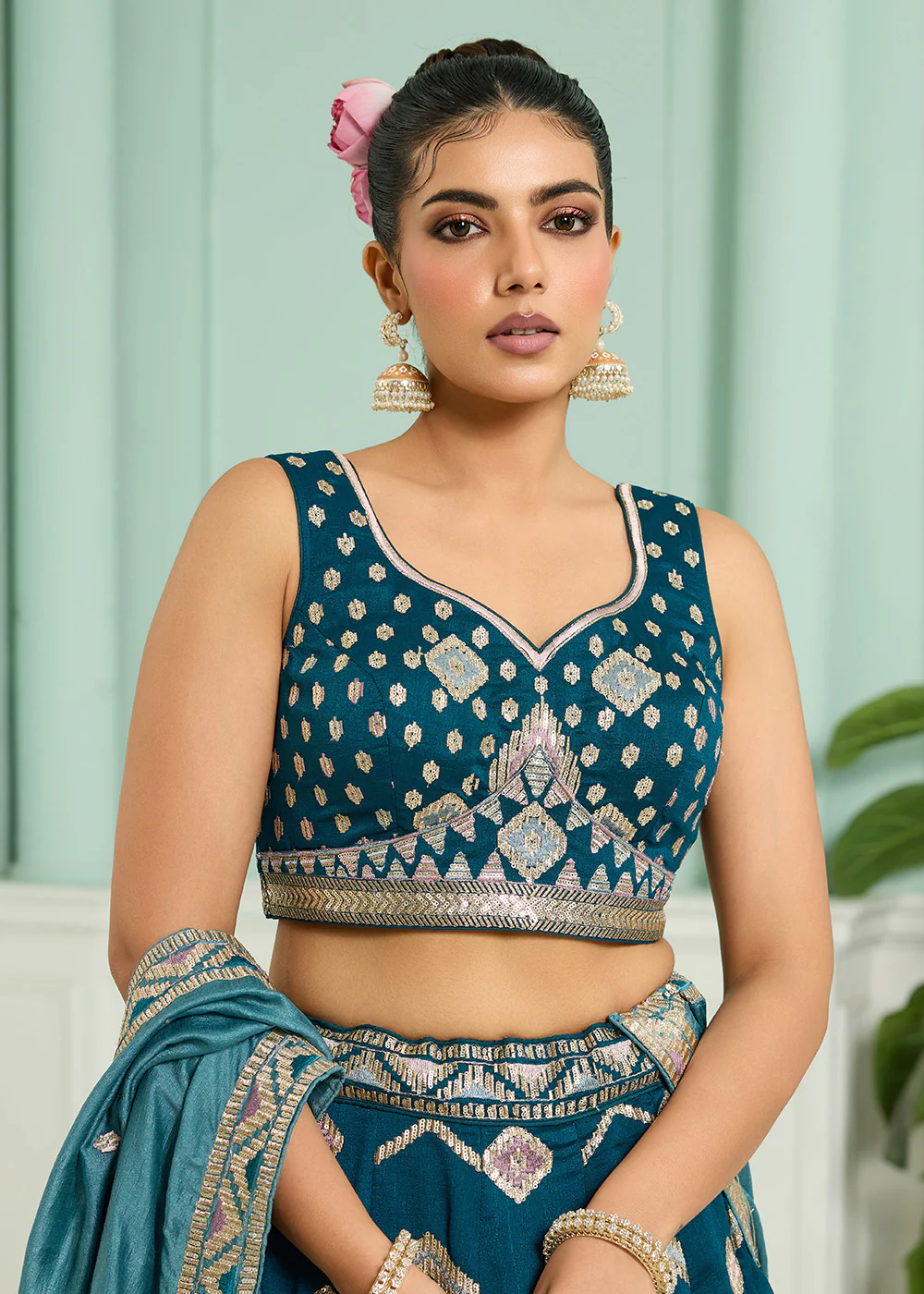 Reception Style Teal Blue Embroidered Lehenga Choli - Image 7
