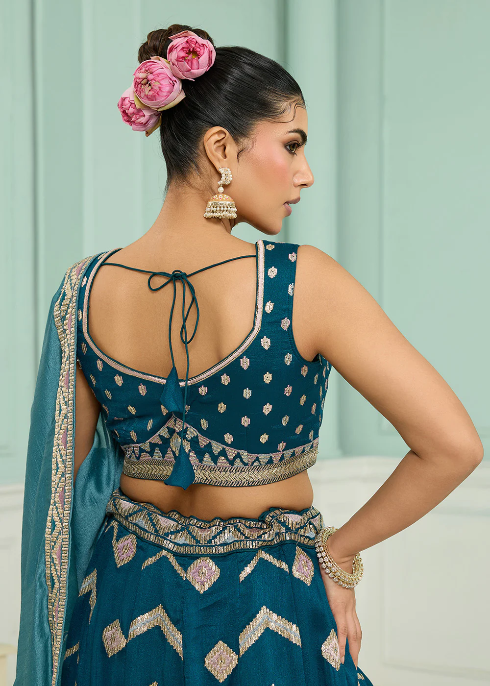 Reception Style Teal Blue Embroidered Lehenga Choli - Image 8
