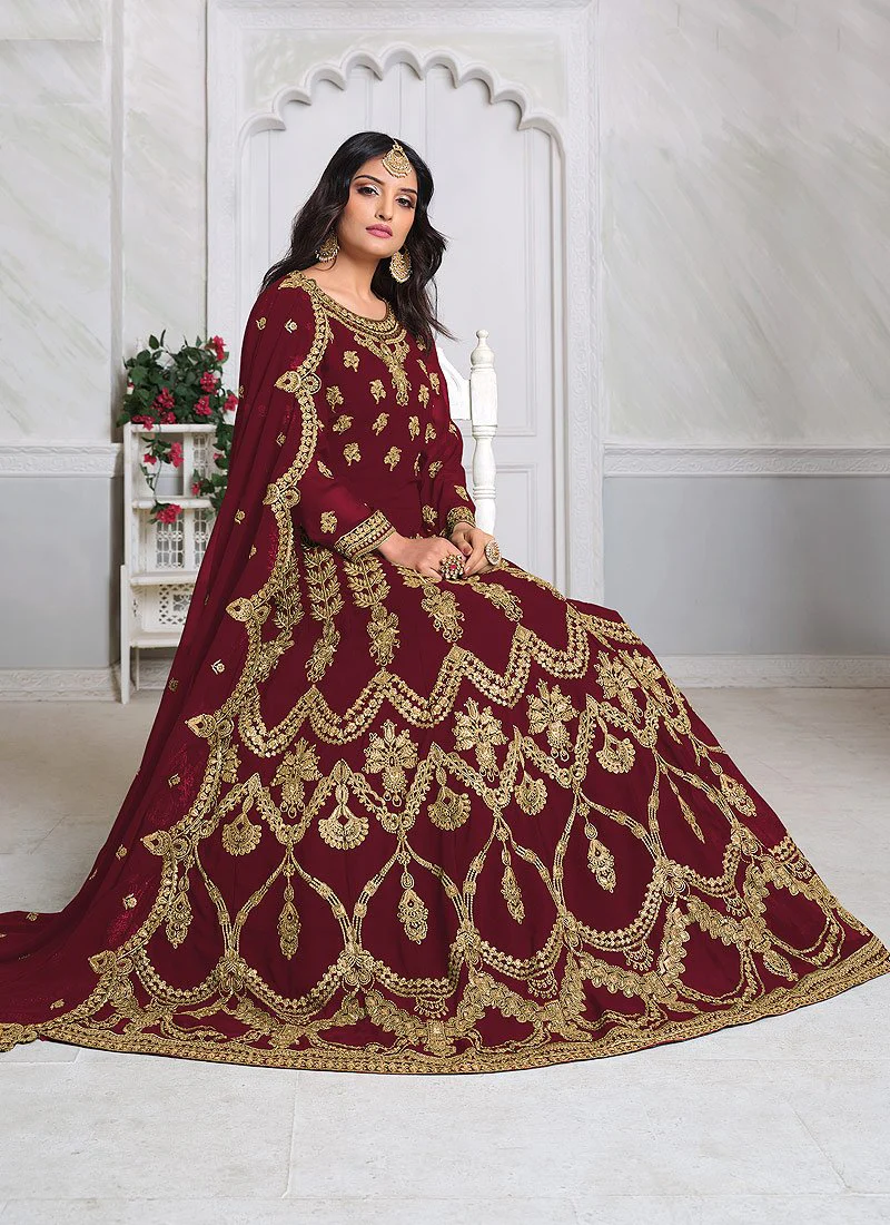 Red Abaya Style Embroidered Anarkali Suit - Image 3