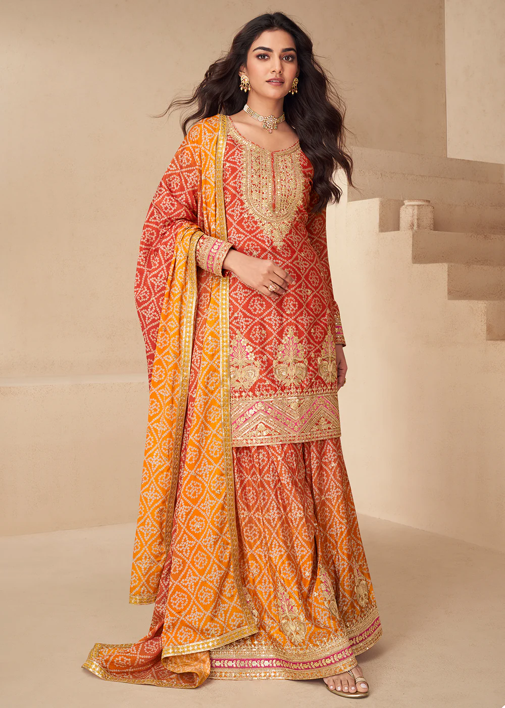 Red Bandhej Zari Embroidered Festive Palazzo Suit