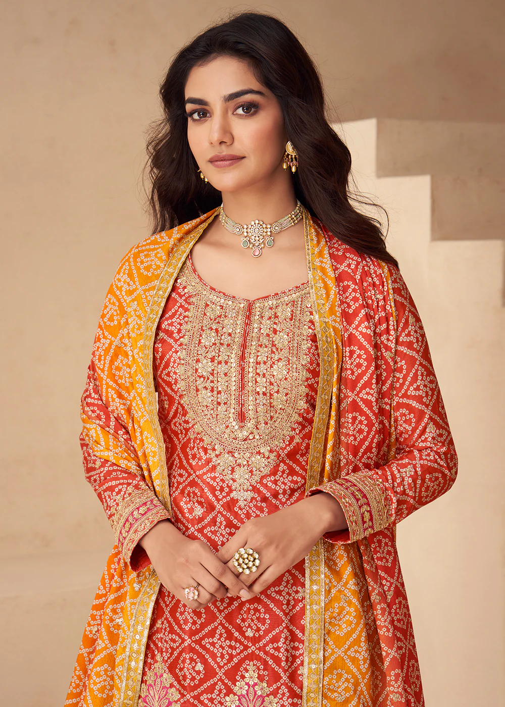 Red Bandhej Zari Embroidered Festive Palazzo Suit - Image 2