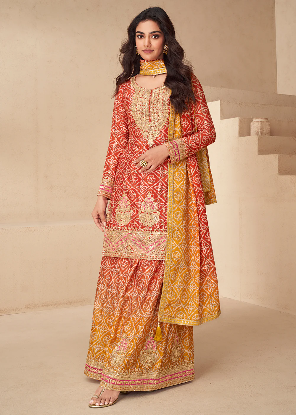 Red Bandhej Zari Embroidered Festive Palazzo Suit - Image 3