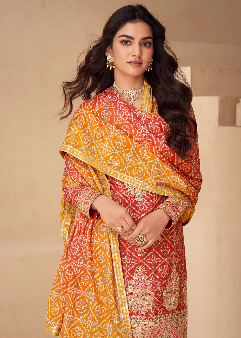 Red Bandhej Zari Embroidered Festive Palazzo Suit - Image 4