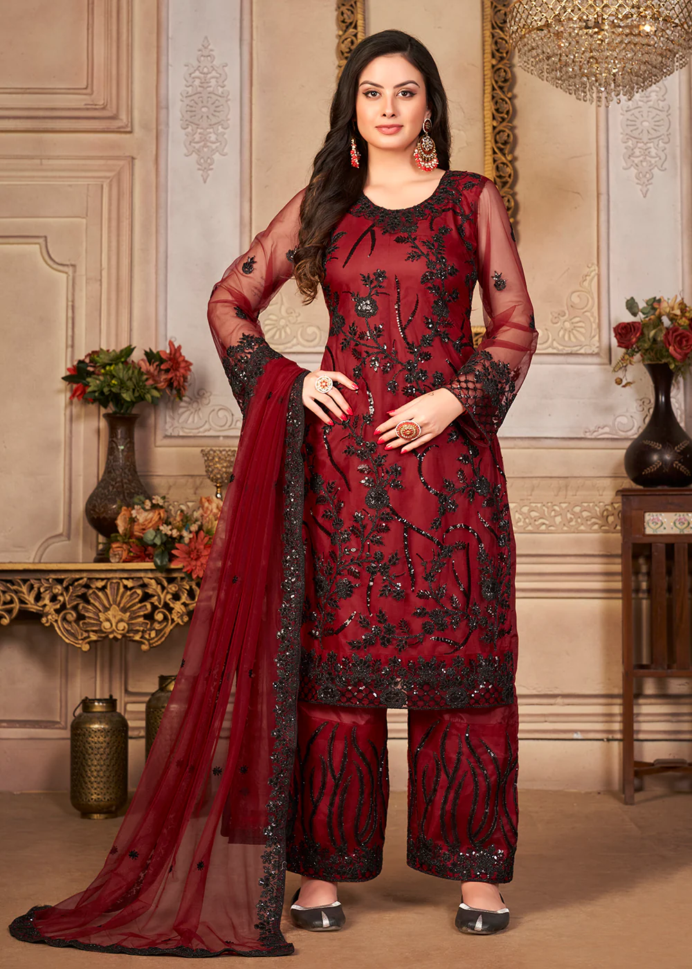Red & Black Cording & Sequins Embroidered Pant Style Suit