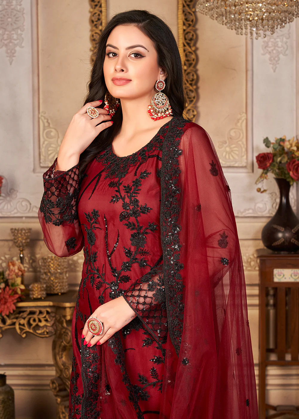 Red & Black Cording & Sequins Embroidered Pant Style Suit - Image 2