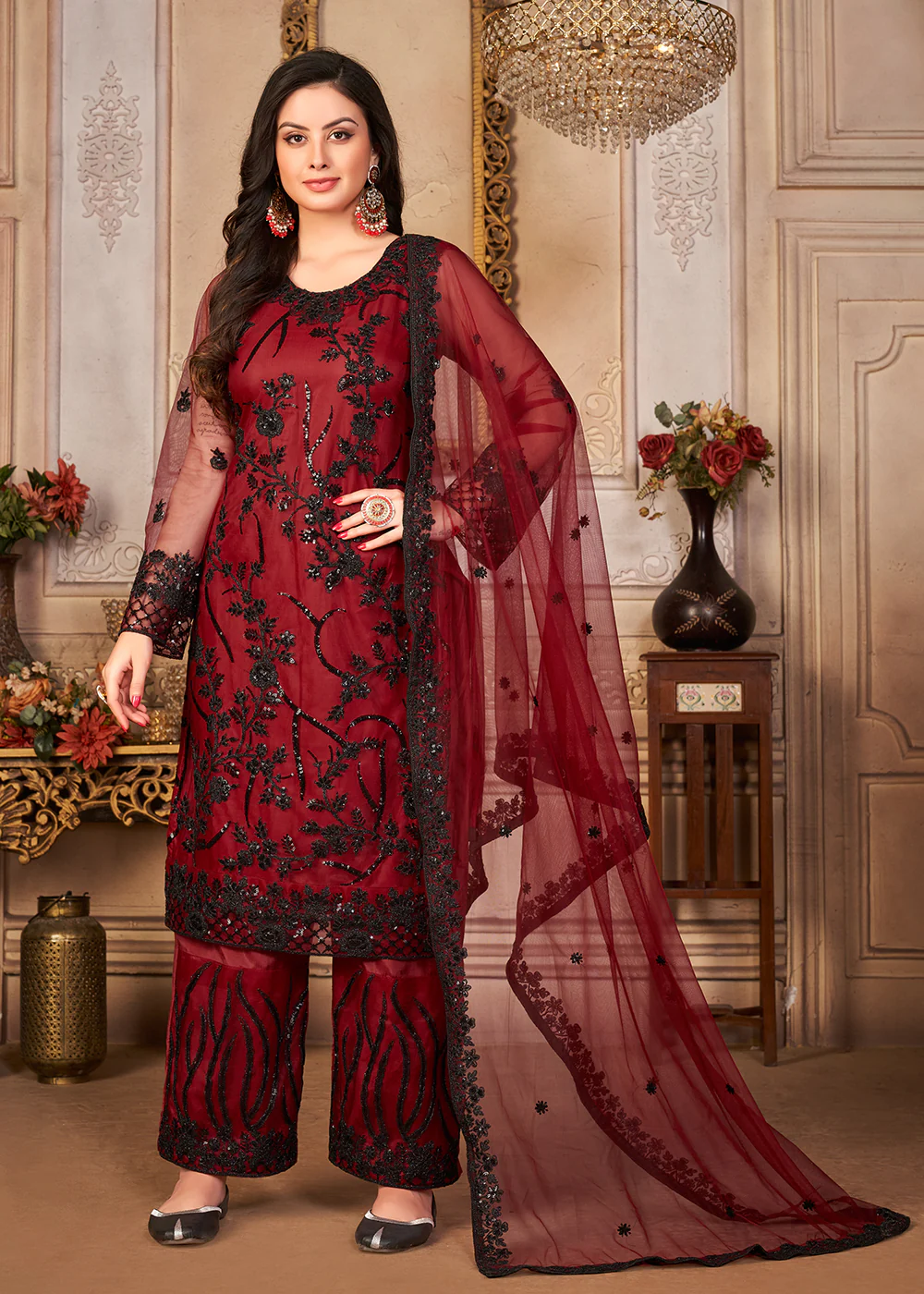Red & Black Cording & Sequins Embroidered Pant Style Suit - Image 3