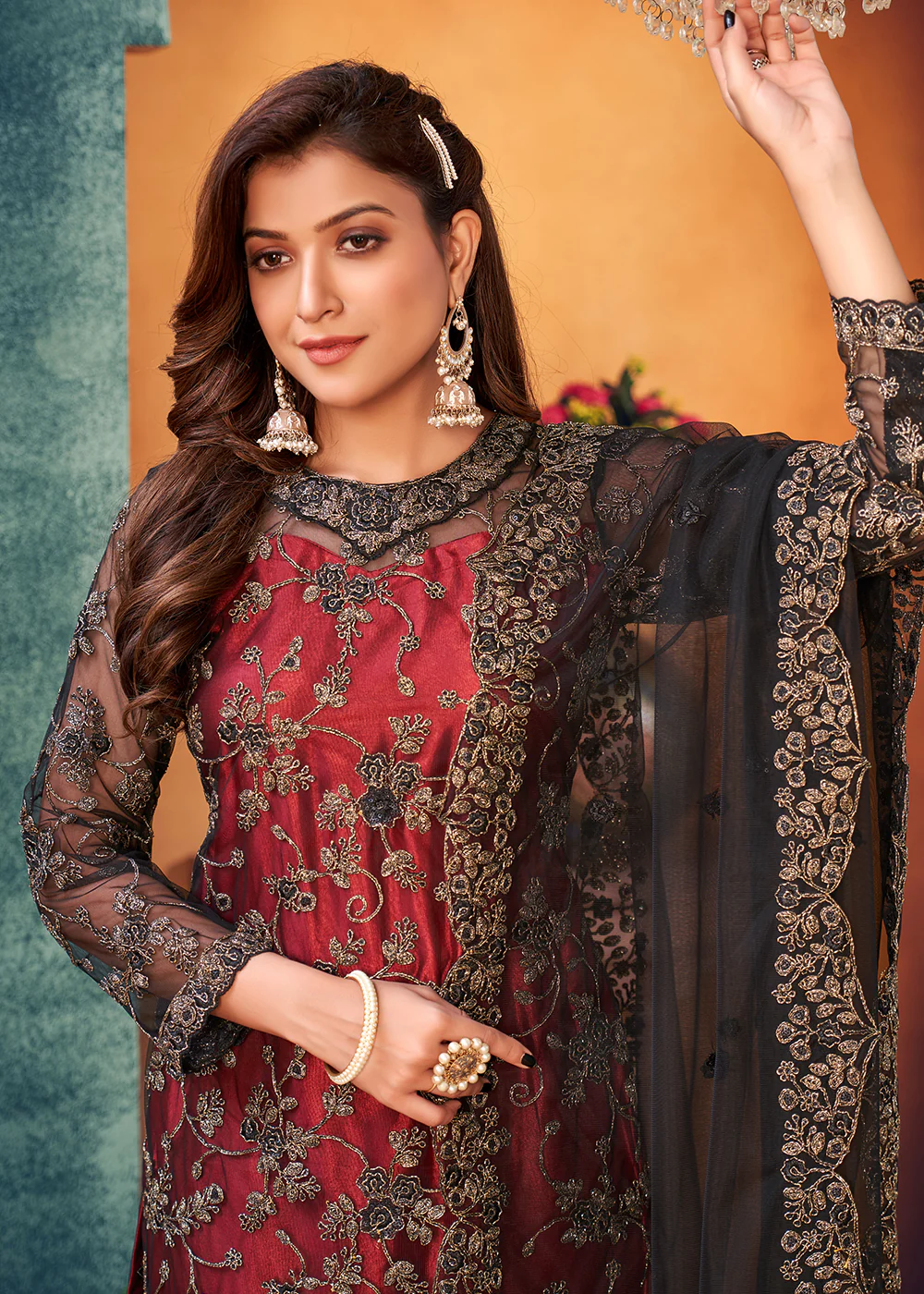 Red Black Layered Festive Pant Style Salwar Suit - Image 2