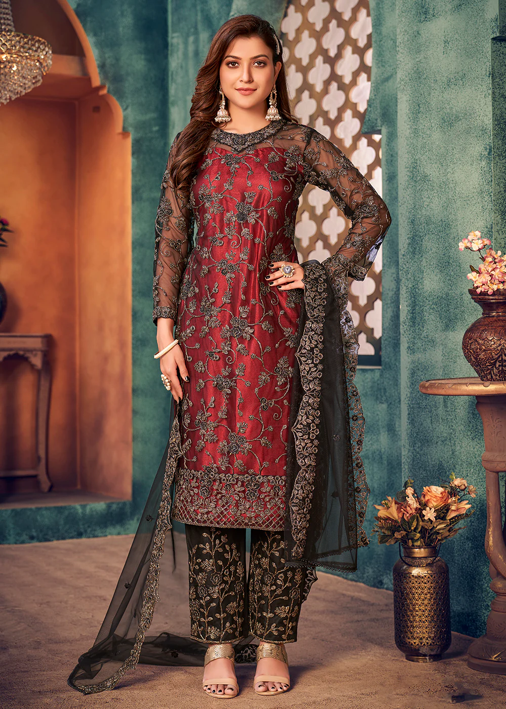 Red Black Layered Festive Pant Style Salwar Suit - Image 3