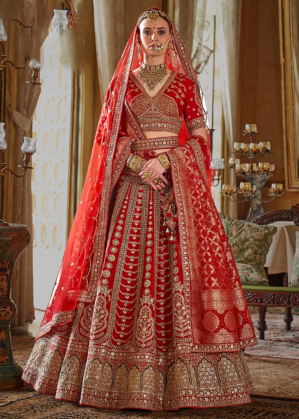Red Bridal Silk Sabyasachi Inspired Lehenga Choli