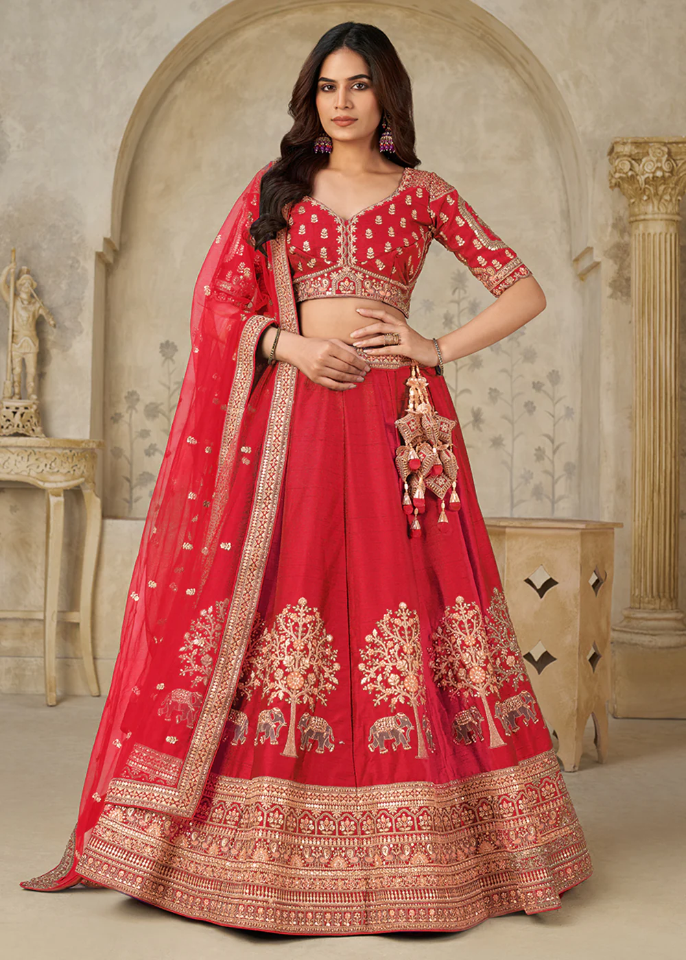Red Elephant Zari Embroidered Bridal Lehenga Choli