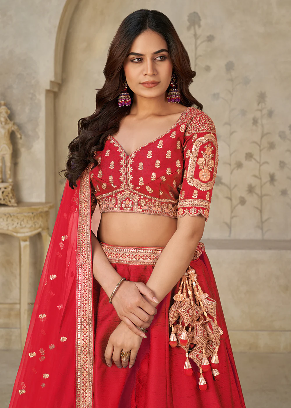 Red Elephant Zari Embroidered Bridal Lehenga Choli - Image 2