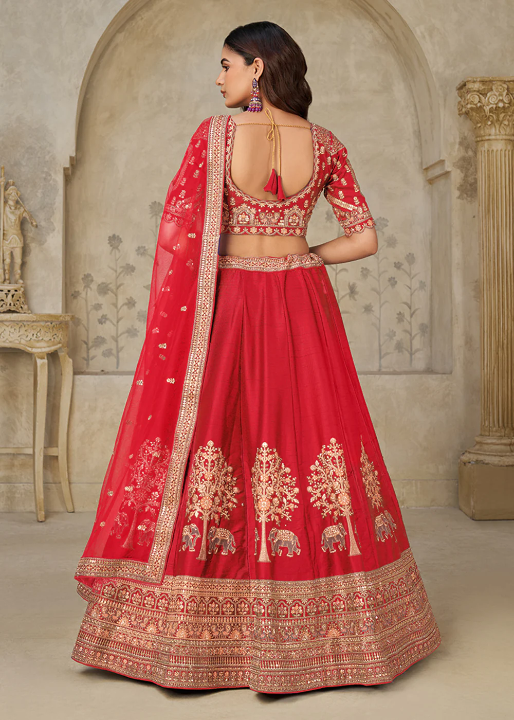 Red Elephant Zari Embroidered Bridal Lehenga Choli - Image 3