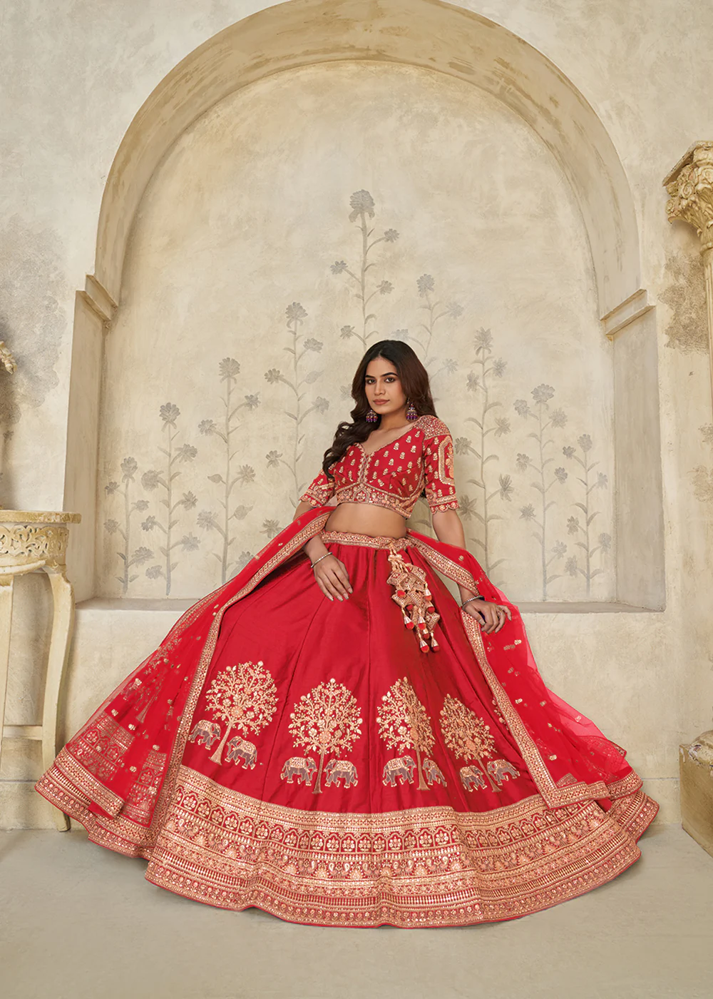 Red Elephant Zari Embroidered Bridal Lehenga Choli - Image 4