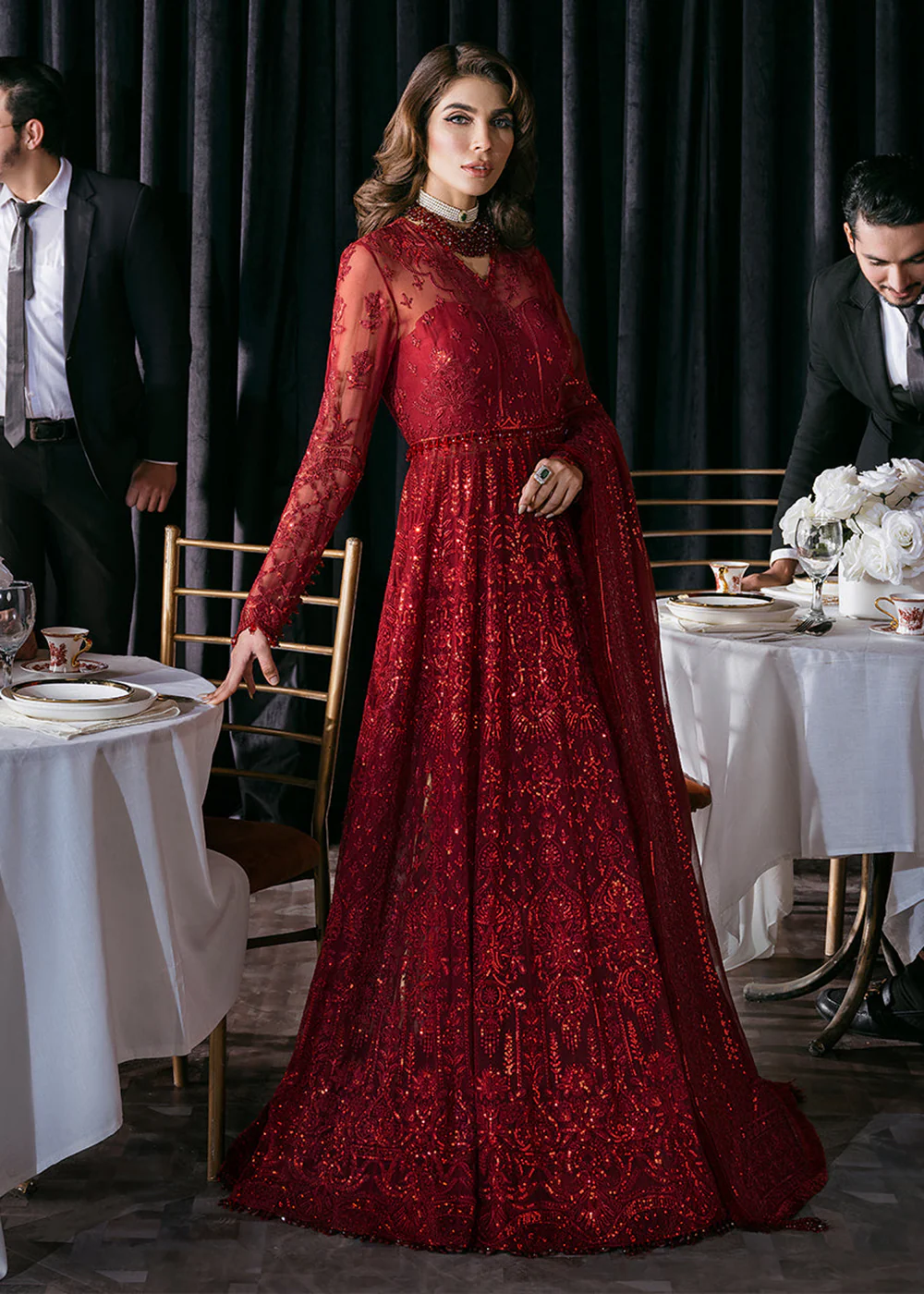 Red Embroidered Long Suit - Afrozeh Luxury Starlet Collection '23 - Nirvana - Image 4