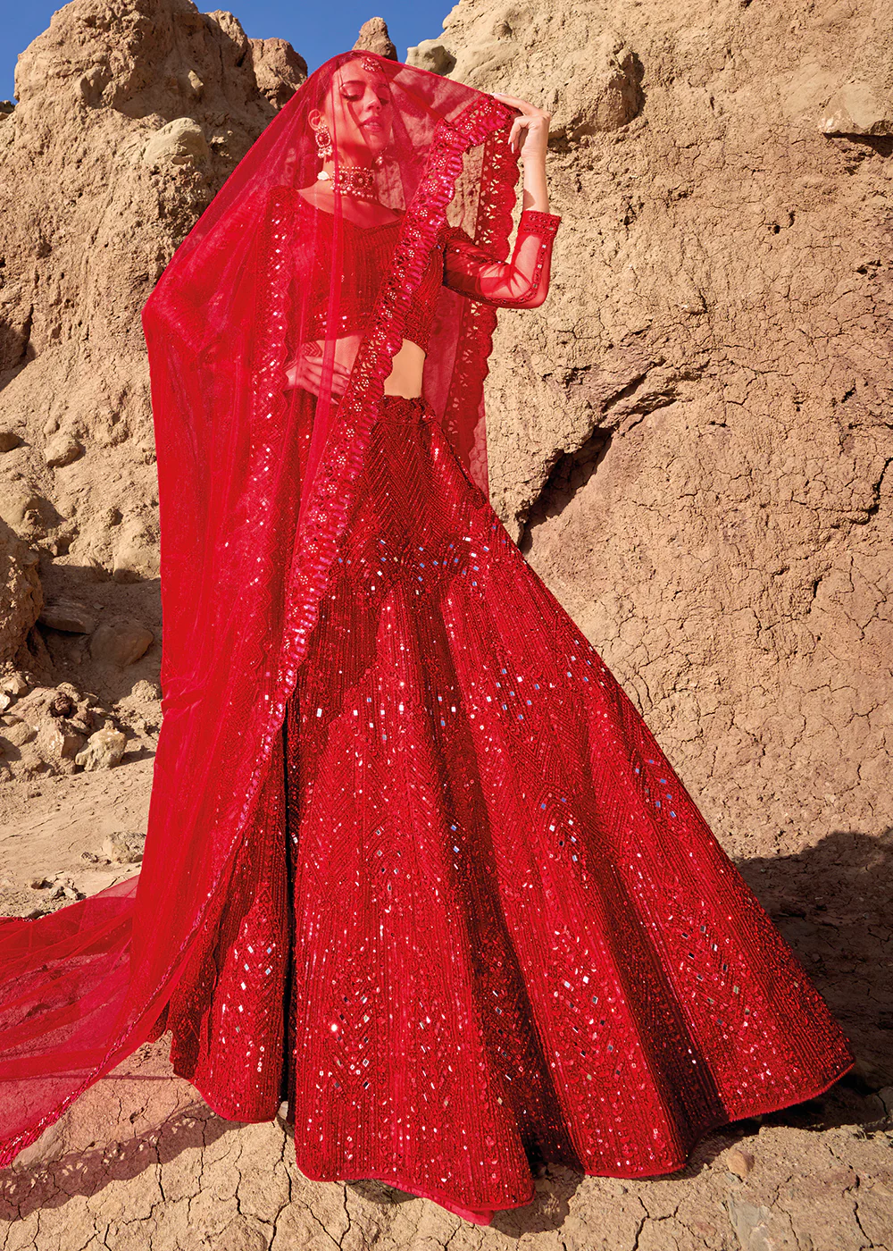 Red Embroidered Pure Net Designer Bridal Lehenga Choli - Image 4